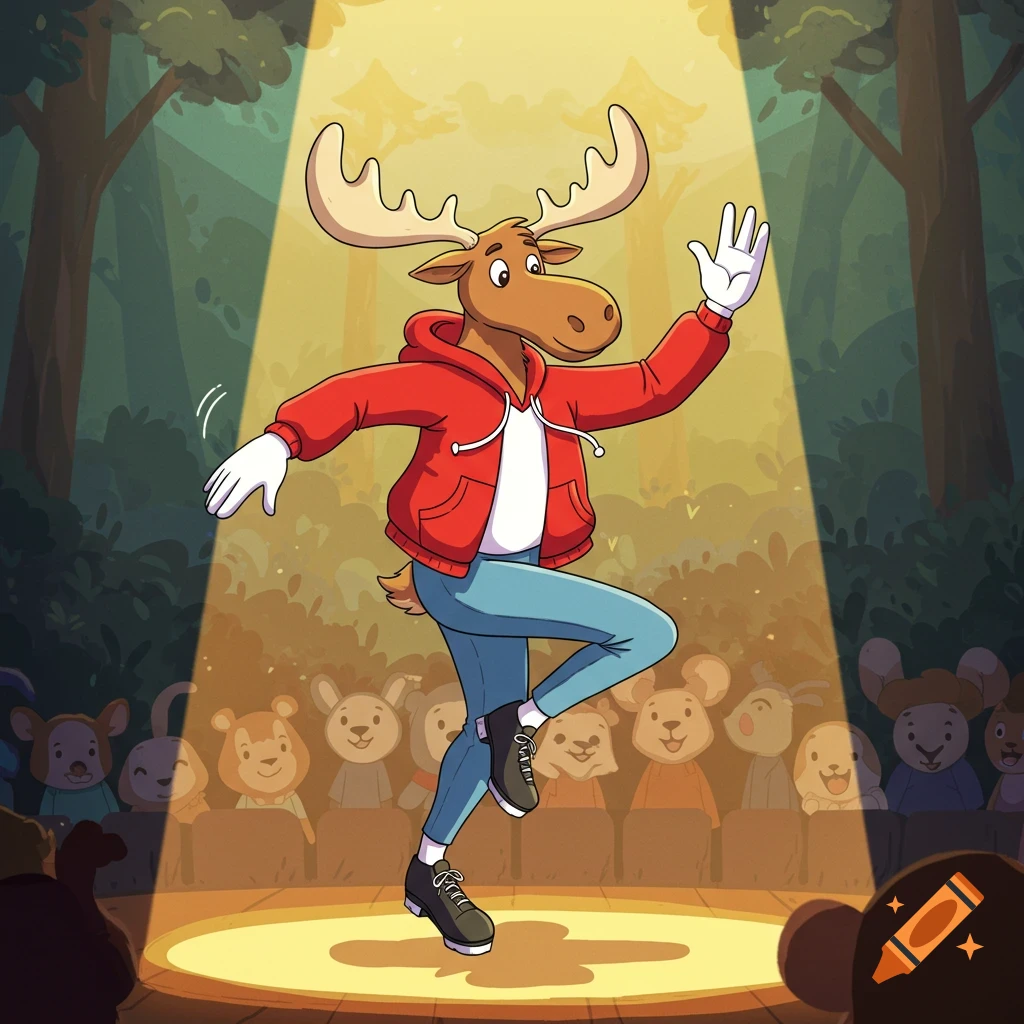 A cartoon moose in a red hoodie and tap shoes dances on a stage in a forest, watched by an audience of cartoon animals.