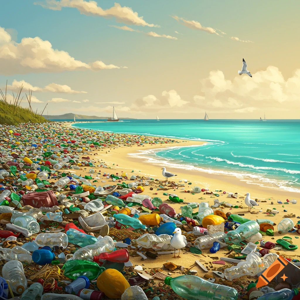 Illustrative view of a sandy beach overflowing with colorful plastic trash, ocean with waves, sailboats, and seagulls.