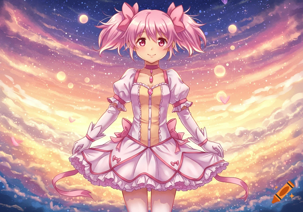 A smiling anime girl with pink pigtails, wearing a white and pink frilly dress, stands against a vibrant sunset sky.
