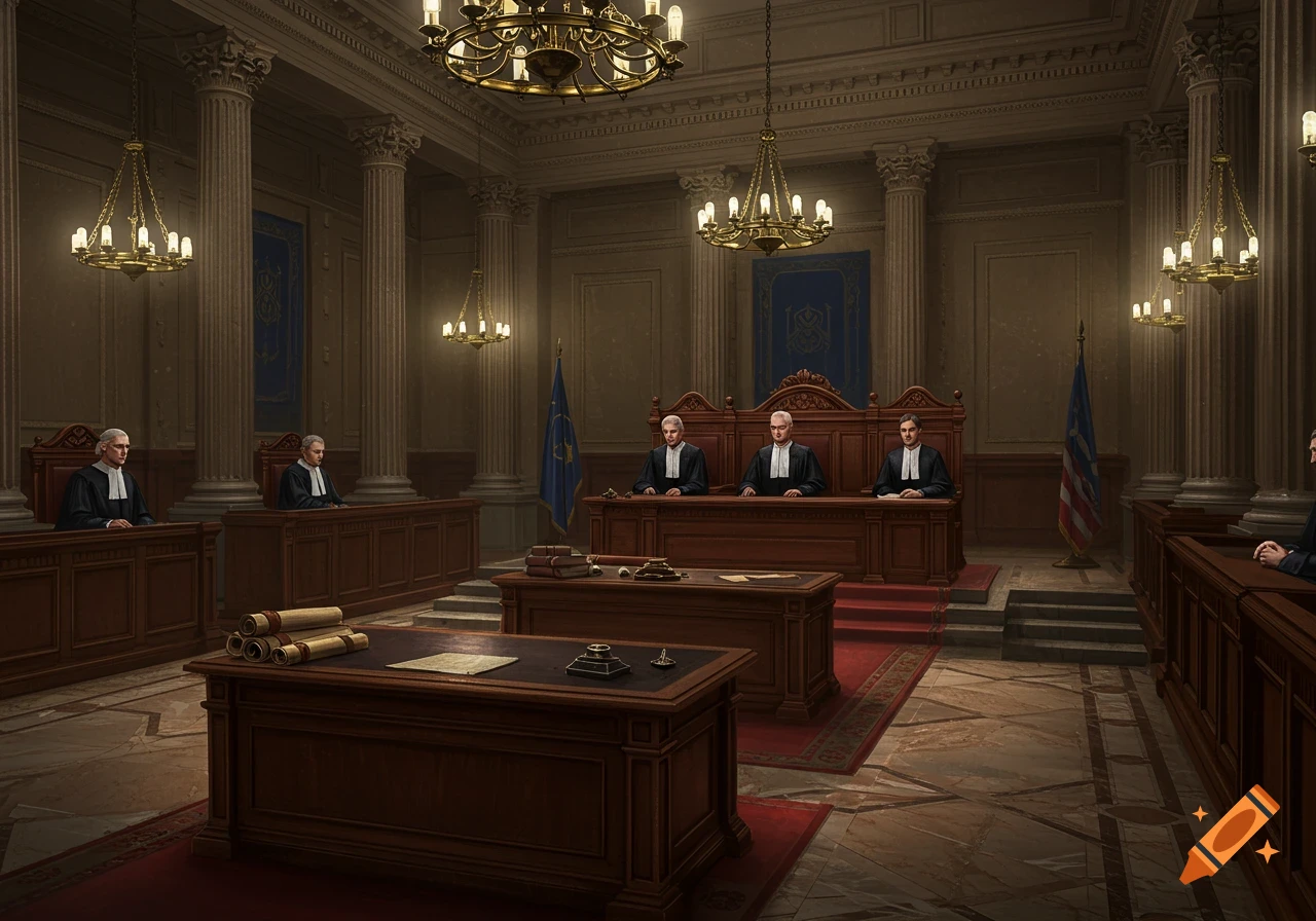 A grand courtroom with judges seated at dark wooden desks, surrounded by pillars and lit by ornate chandeliers.