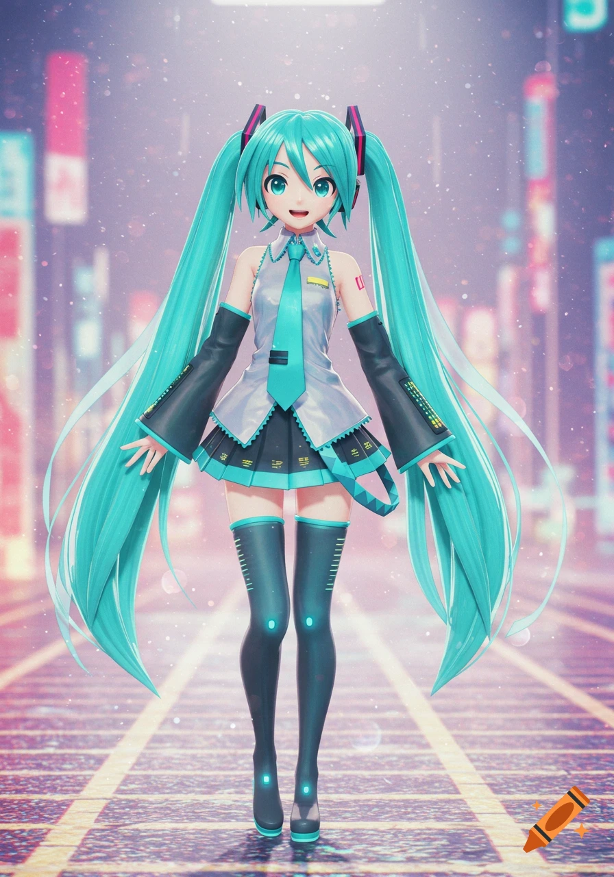 A full-body 3D render of Hatsune Miku in her classic outfit, standing on a futuristic city street with glowing lights.