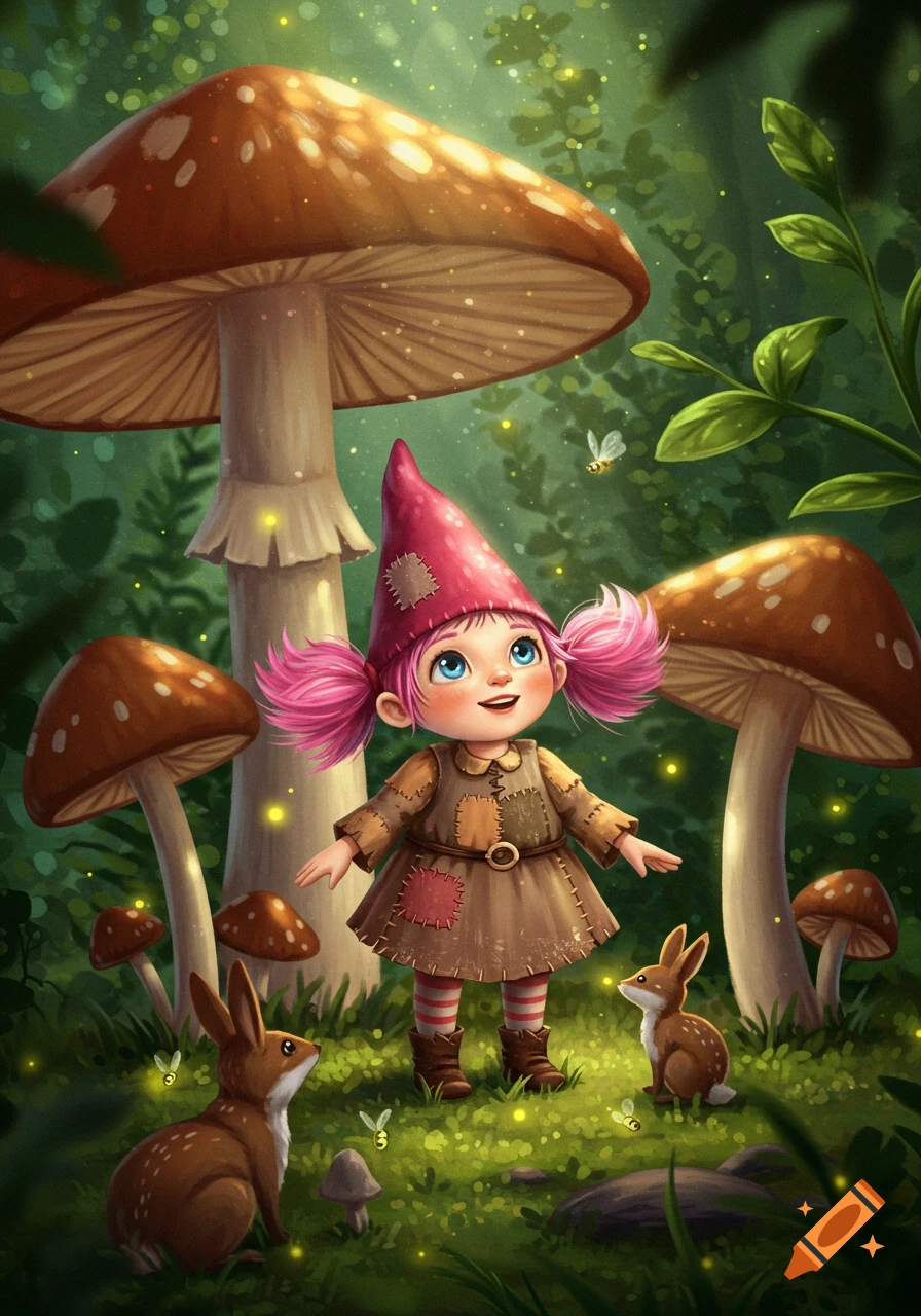 A cute female gnome with pink pigtails and a red hat stands in a magical forest with glowing mushrooms and two rabbits, in an illustration style.