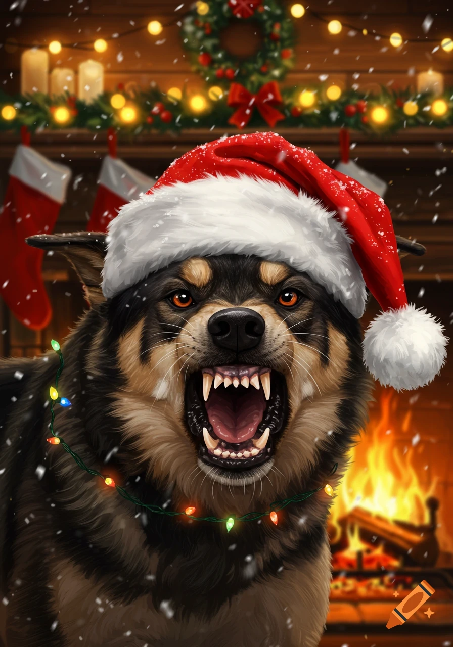 A digitally painted snarling dog in a Santa hat and Christmas lights, in front of a fireplace with stockings.