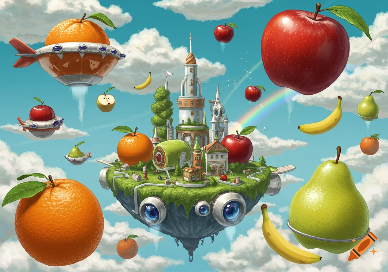 A whimsical floating island city with buildings, surrounded by giant fruits, fruit-shaped UFOs, and a rainbow in a blue sky.