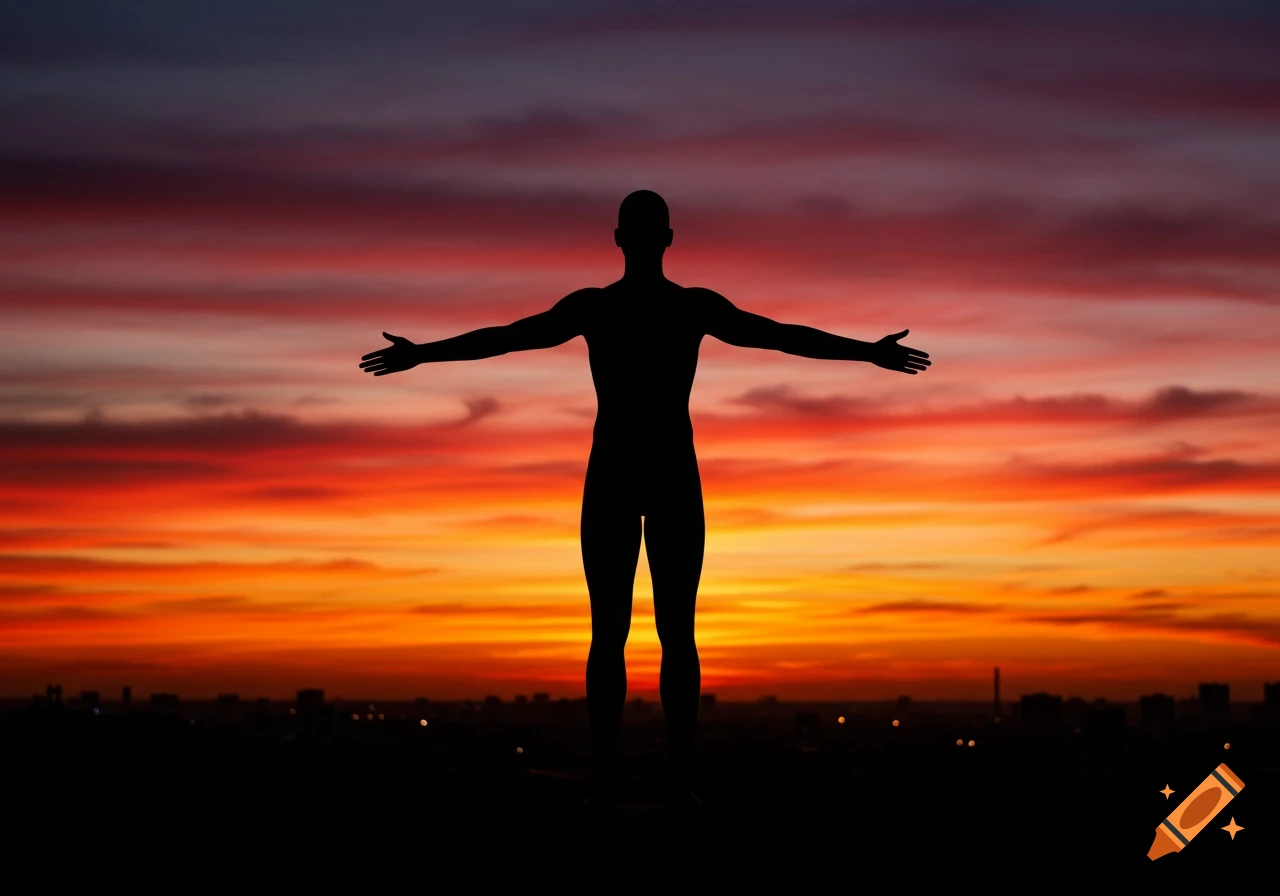 A human silhouette stands with outstretched arms against a vibrant orange and red sunset over a cityscape.