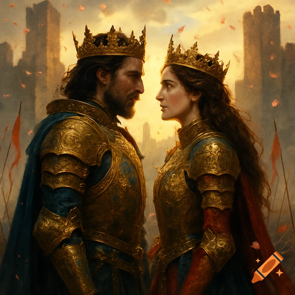A king and queen in golden armor and crowns gaze at each other, a castle at sunset behind them with falling petals.