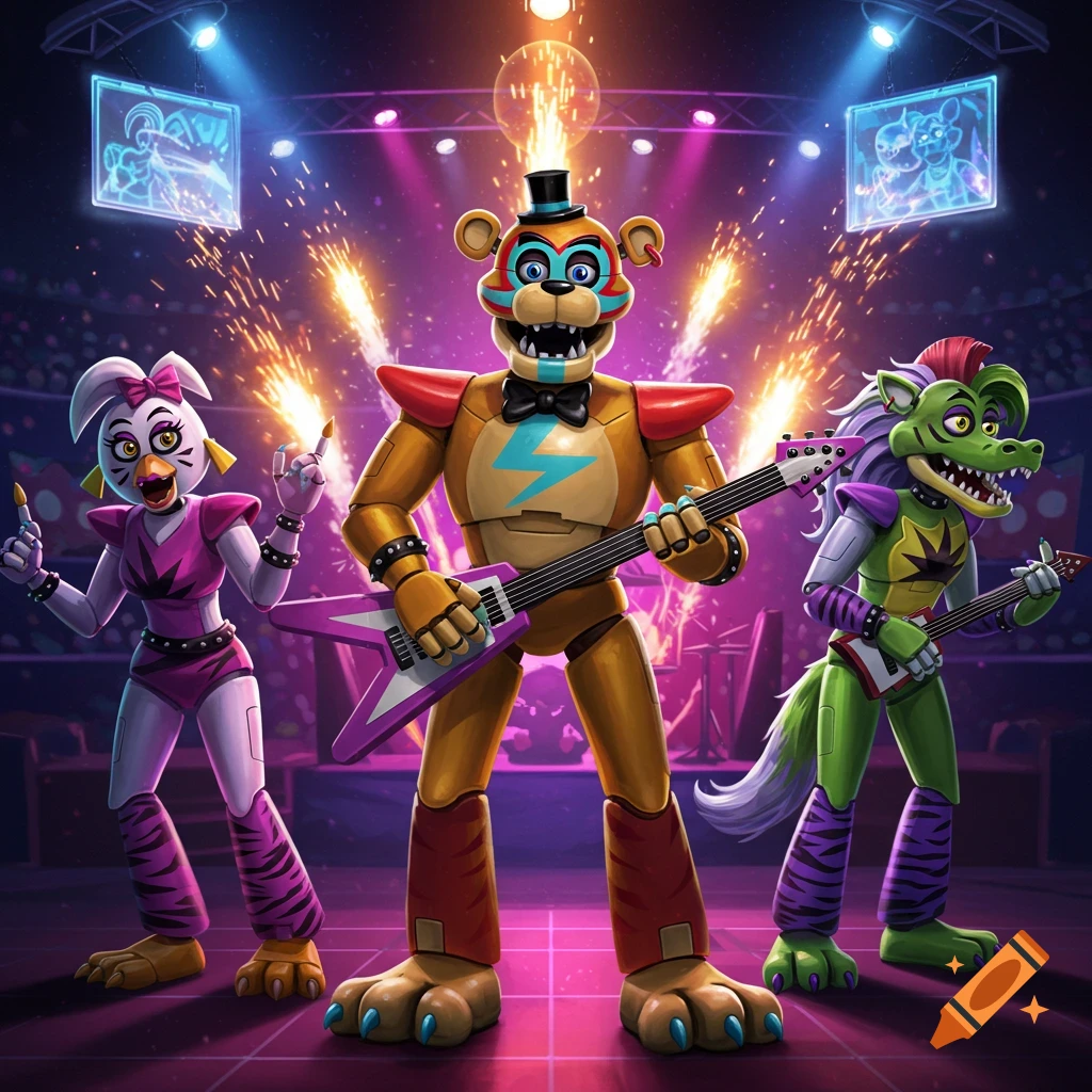 FNAF Glamrock animatronics Freddy, Chica, and Montgomery perform on a brightly lit stage with guitars and sparks.