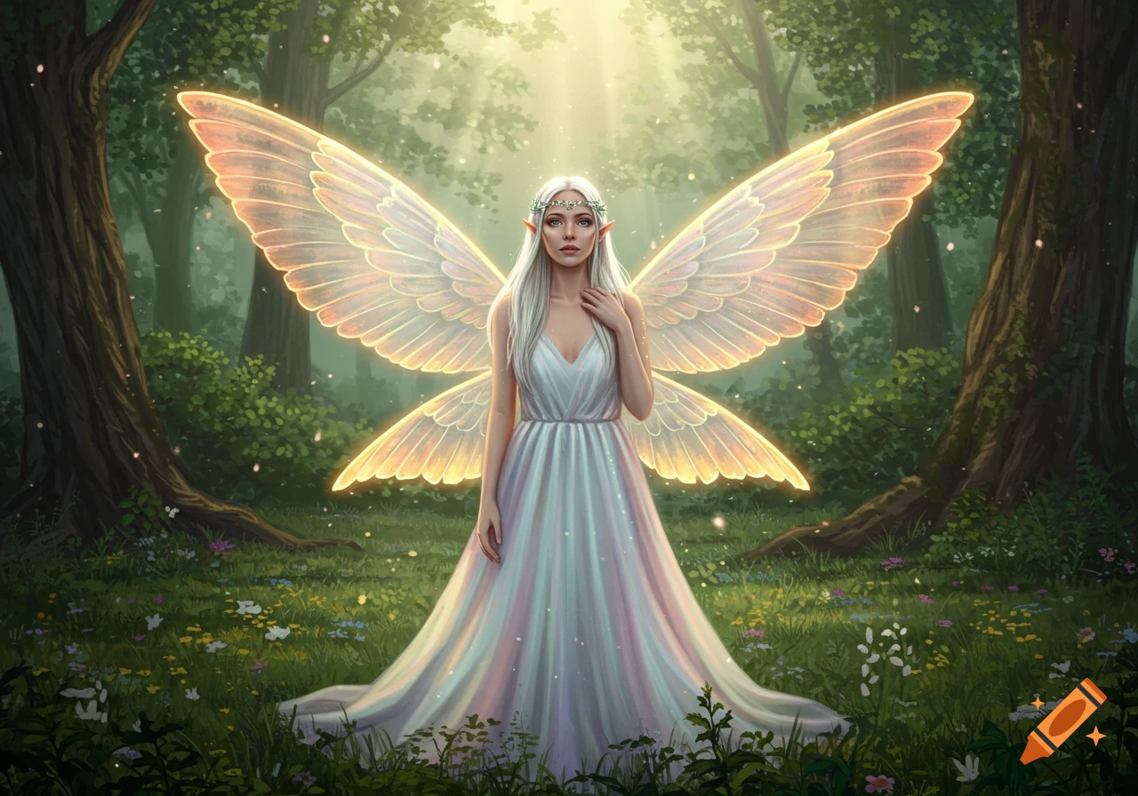 A white-haired fairy in a flowing white dress with large glowing wings stands in an enchanted forest, bathed in sunlight.