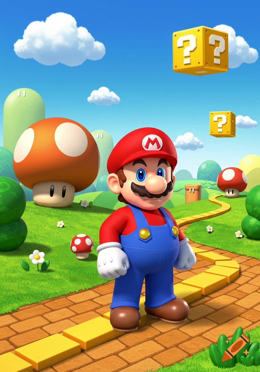 Mario stands on a yellow brick path in a vibrant cartoon landscape with green hills, mushrooms, and floating question mark blocks under a blue sky.