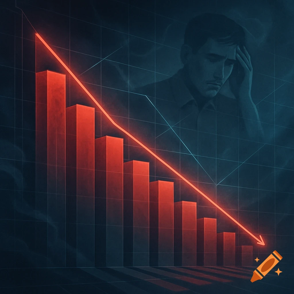 An illustration of a red bar graph rapidly decreasing, with a distressed man in the background, symbolizing financial loss.