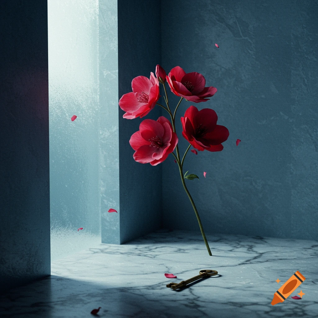 A single stem with four vibrant red flowers stands in a blue-grey marble room, a vintage golden key lies on the floor.