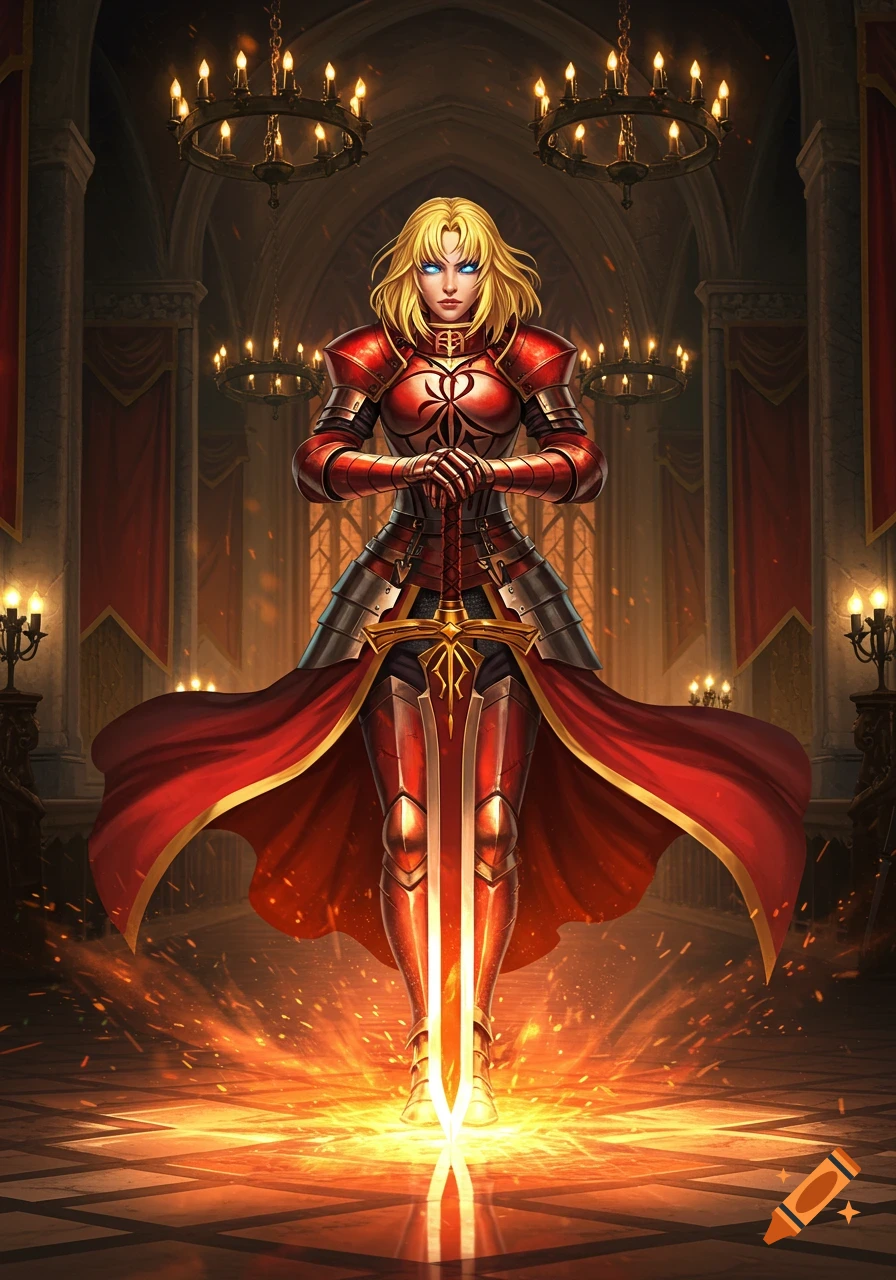 A female knight in red and silver armor stands with a glowing sword in a grand hall, fantasy art.
