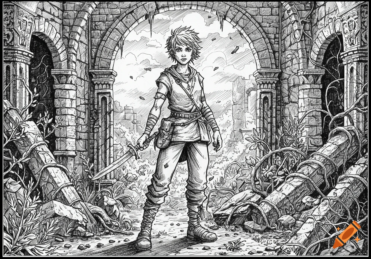 Ink drawing of a tomboyish girl with a sword standing in ancient ruins with arched doorways and overgrown structures.