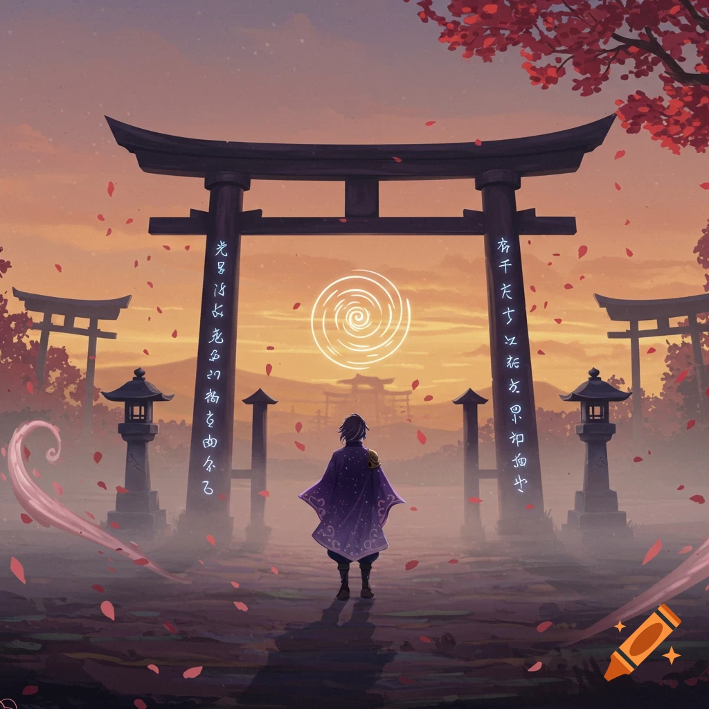 A person in a purple cloak faces a glowing spiral through a large Torii gate at sunset, surrounded by falling red leaves.