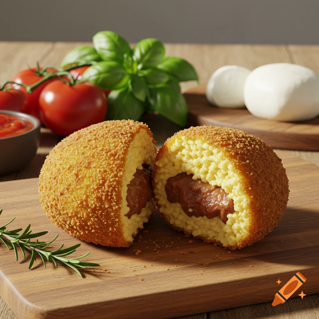 A golden-brown arancino, sliced in half to show its rice and savory filling, on a wooden board with tomatoes and basil.