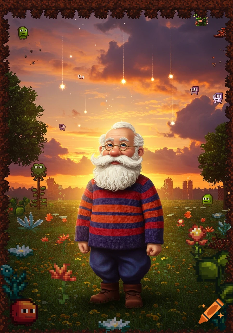 A jolly, bearded man with glasses in a striped sweater stands in a pixelated field with creatures and trees under a vibrant sunset.
