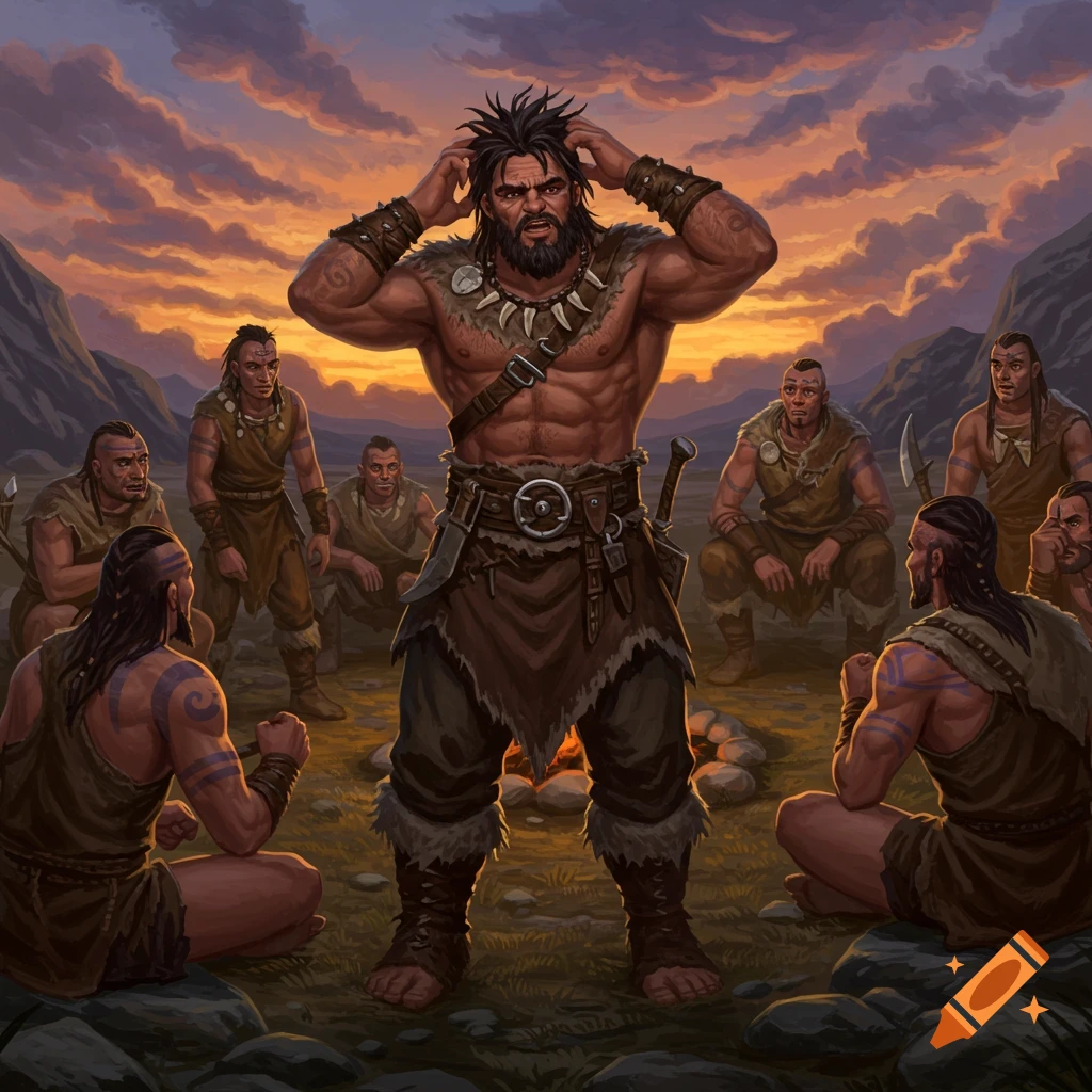 A confused barbarian scratches his head while talking to other barbarians around a campfire at sunset, in a digital painting.