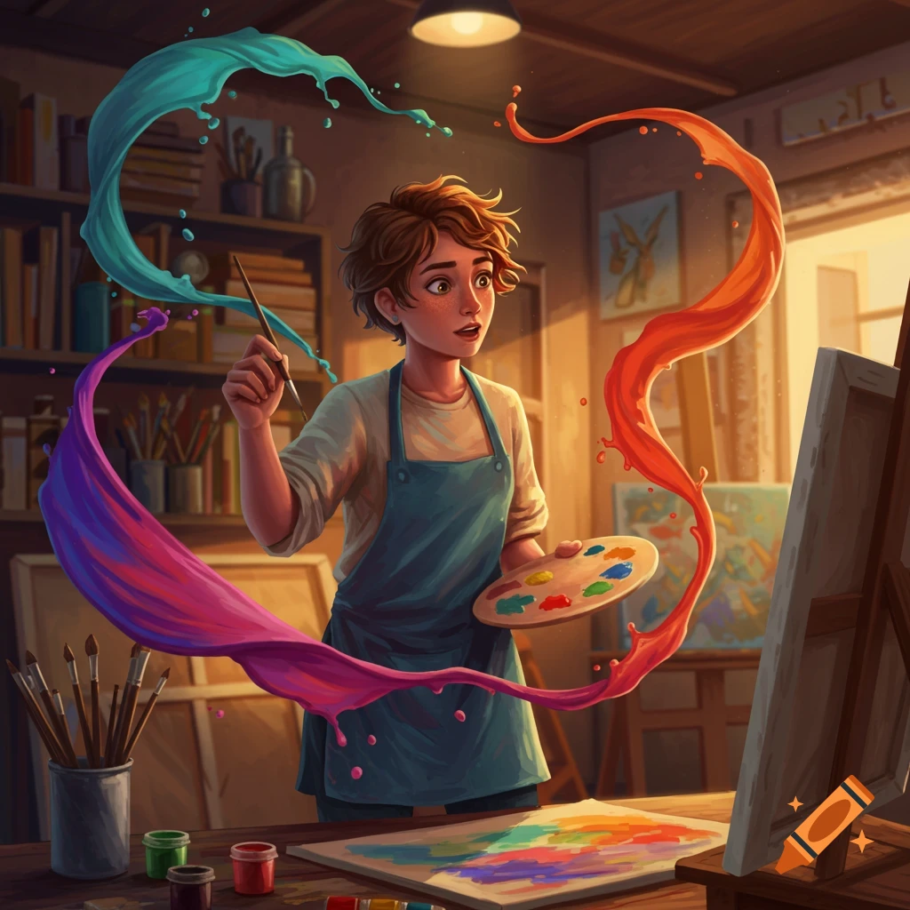 A young artist in an apron holds a brush and palette, surrounded by swirling vibrant paint in a sunlit studio, digital art.