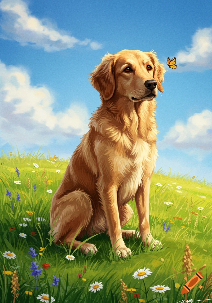 An artistic illustration of a golden retriever dog sitting in a sunny field of wildflowers, gazing at a monarch butterfly.