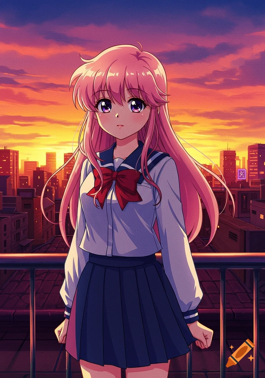 An anime schoolgirl with pink hair and a red bow stands on a rooftop overlooking a city at sunset.