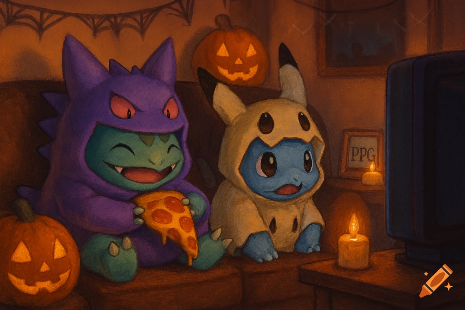 A cute Ivysaur in a Gengar costume eats pizza next to a Wartortle in a Mimikyu costume, watching TV in a cozy, Halloween-themed room, digital art.