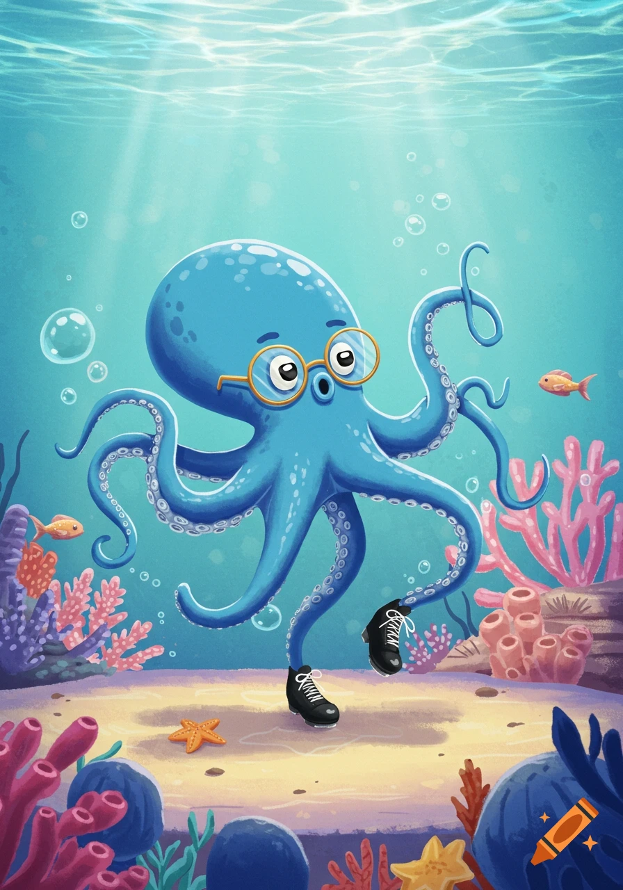A friendly blue cartoon octopus wearing glasses and black tap shoes dances underwater amidst coral and fish.