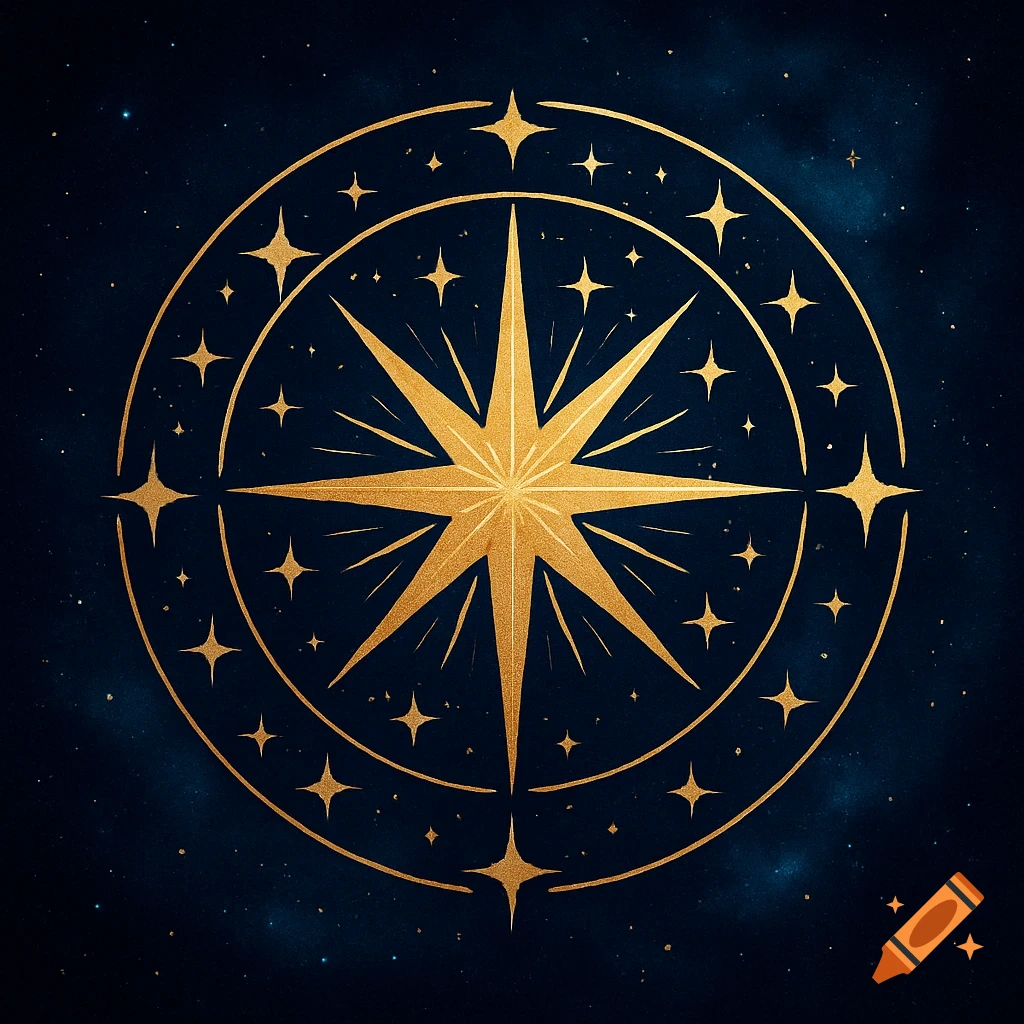 A stylized golden starburst symbol surrounded by concentric circles and smaller stars against a dark blue, starry background.