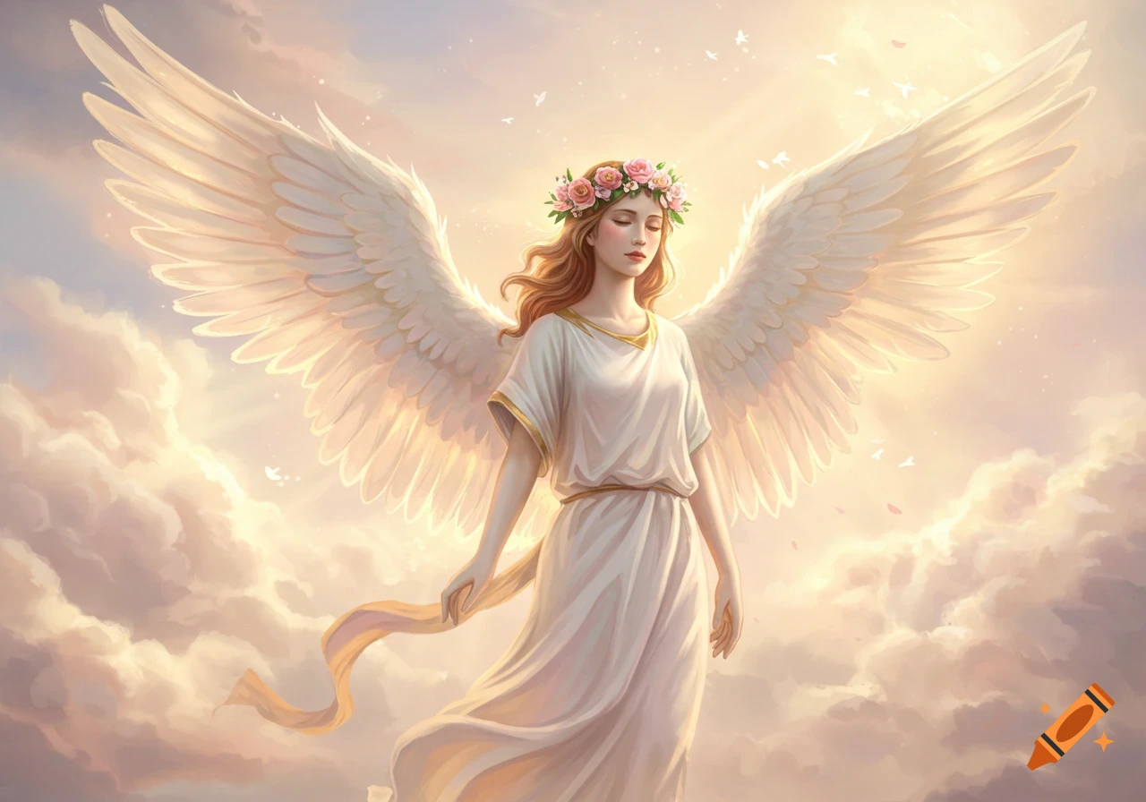 A serene female angel with large white wings, a pink flower crown, and a white flowing gown stands amidst ethereal golden clouds.