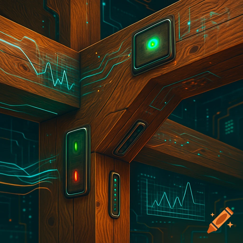 Close-up of wooden beams with glowing turquoise circuit lines and green/red indicator lights, suggesting smart architecture.