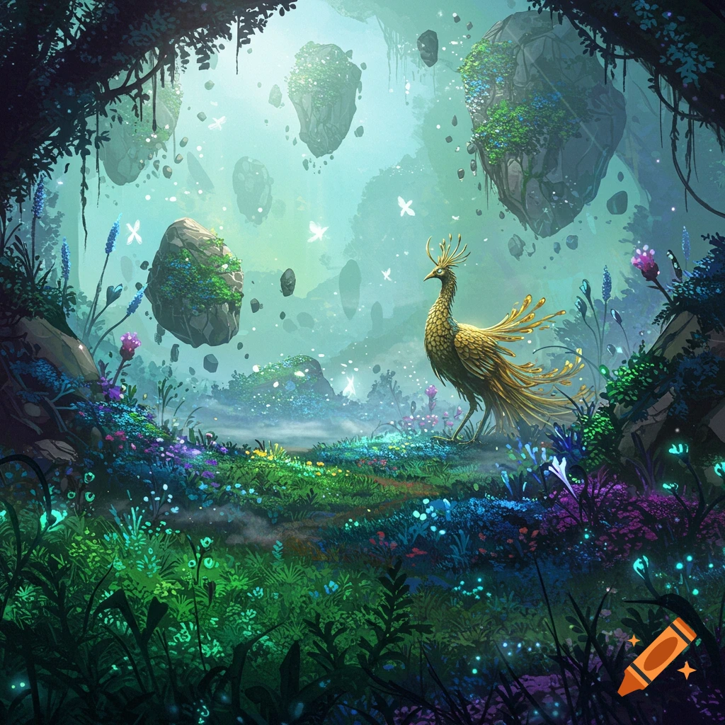 A vibrant fantasy forest with glowing plants, floating islands, and a golden peacock-like bird.
