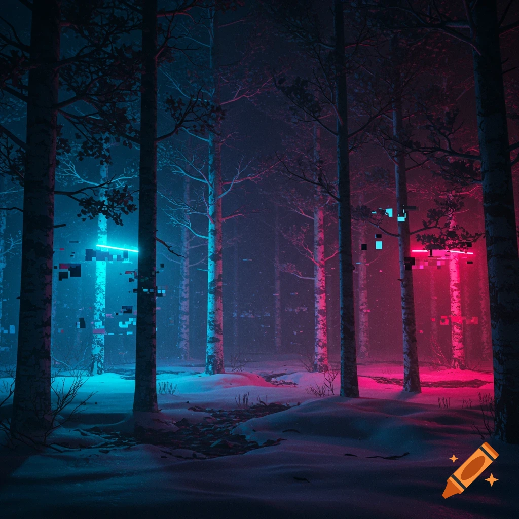 A dark, snowy forest illuminated by vibrant neon blue and red lights with digital glitch effects, creating a fragmented, cyberpunk aesthetic.
