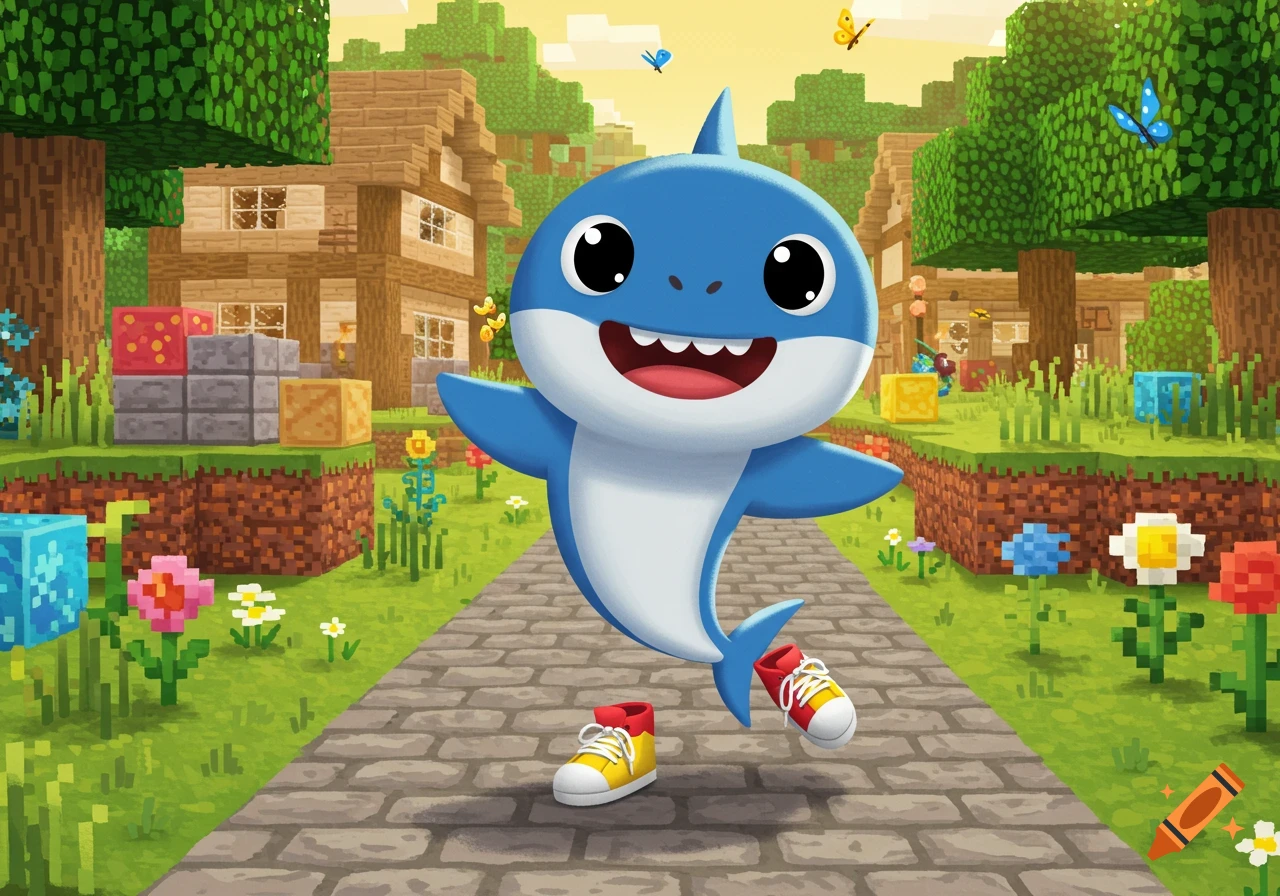 Cute cartoon Baby Shark dancing in colorful sneakers in a vibrant Minecraft village.