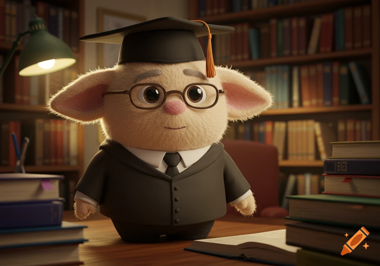A cute, furry, big-eared cartoon character wearing glasses, a graduation cap, and a suit sits at a desk with books in a library.
