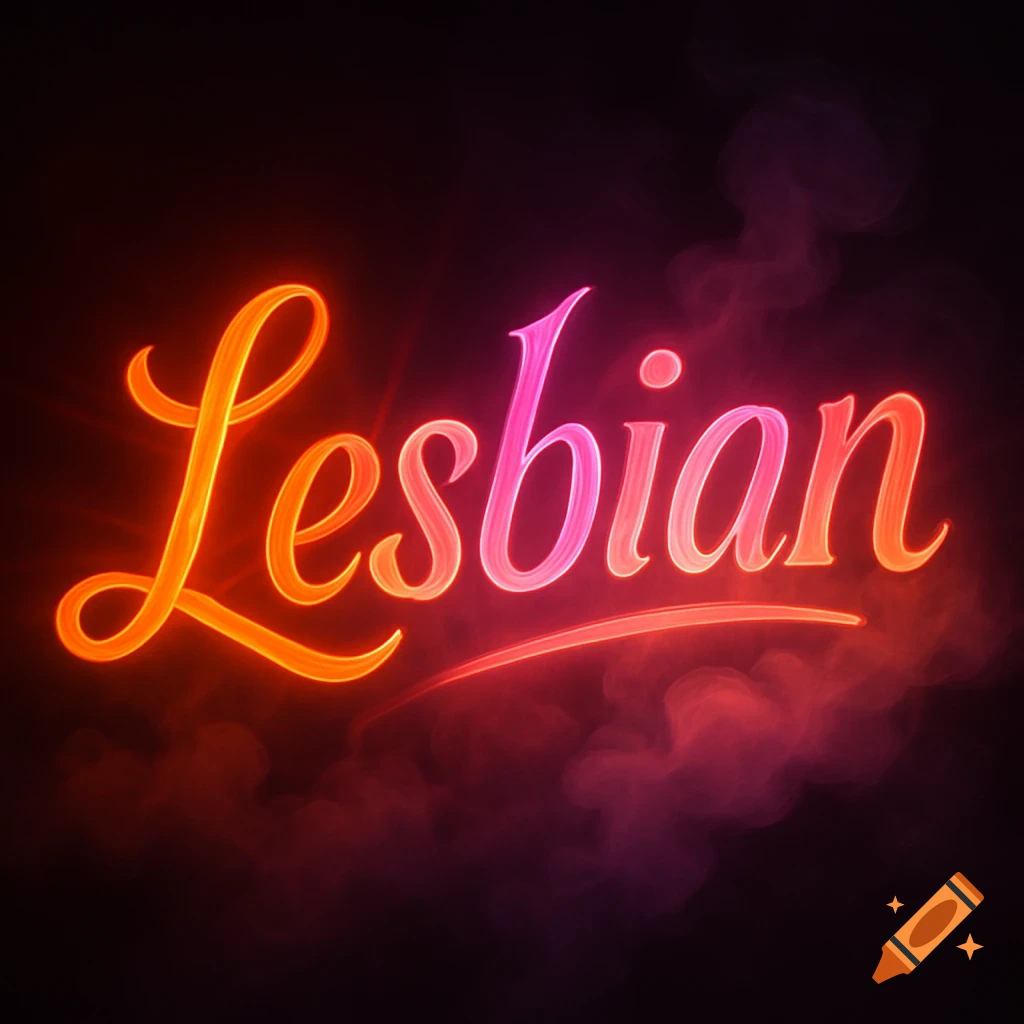 The word Lesbian in glowing neon script, transitioning from orange-red to pink-purple, on a dark, smoky background.