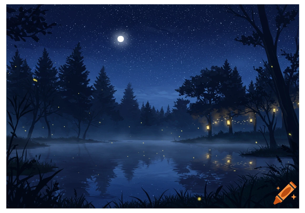 A serene night landscape with a full moon, starry sky, calm lake reflecting trees, glowing fireflies, and string lights in the forest.