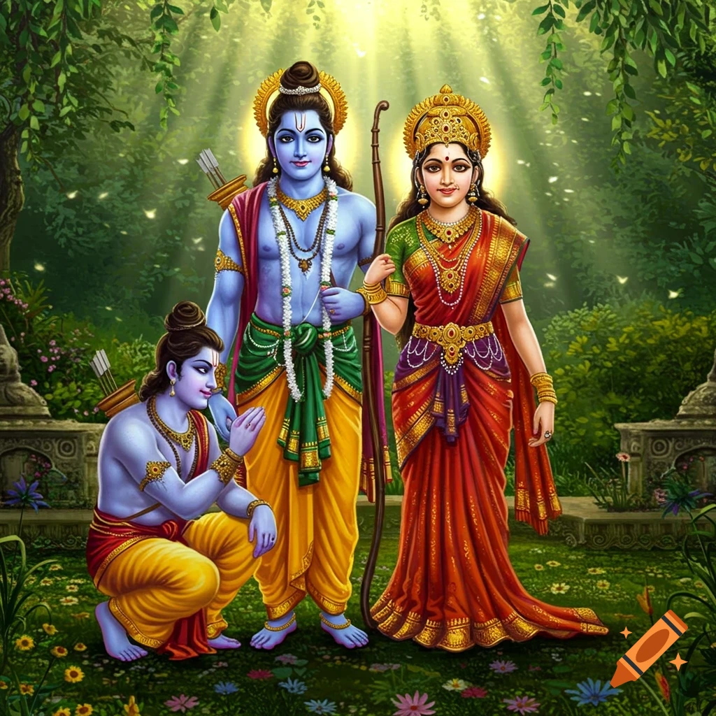 Rama, Sita, and Lakshmana in a vibrant forest, bathed in dappled sunlight.