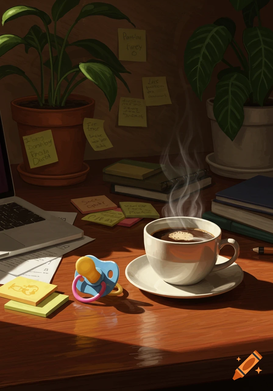 A warm, sunlit desk with a steaming coffee cup, a blue pacifier, a laptop, and potted plants.