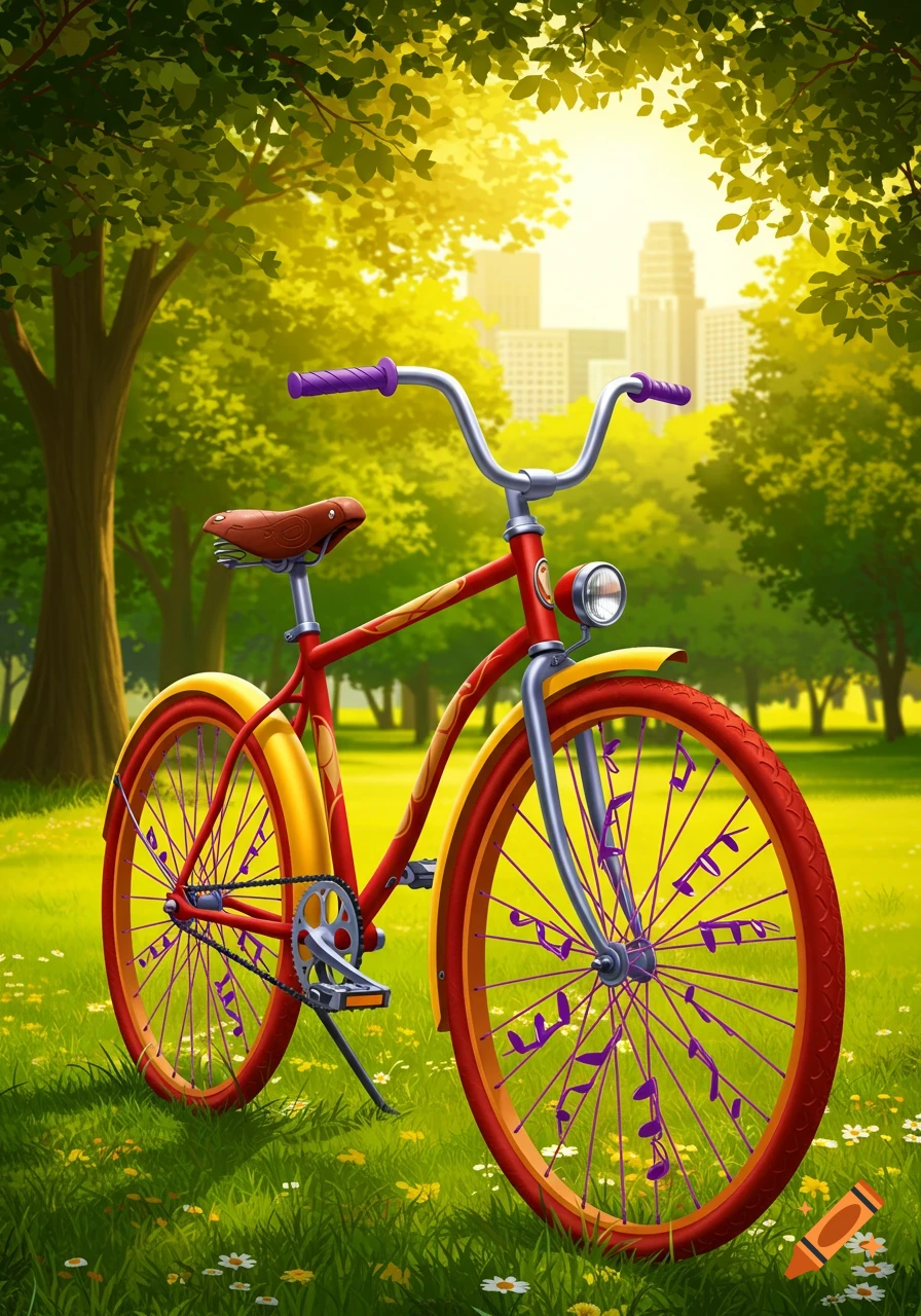 A stylized red and yellow bicycle with purple musical notes in the spokes stands in a sunny park with a city skyline in the distance.