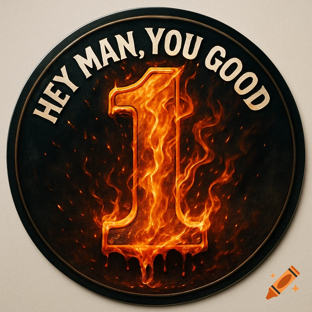 A round emblem featuring a fiery, melting number '1' surrounded by flames, with the text 'HEY MAN, YOU GOOD' curved above it.