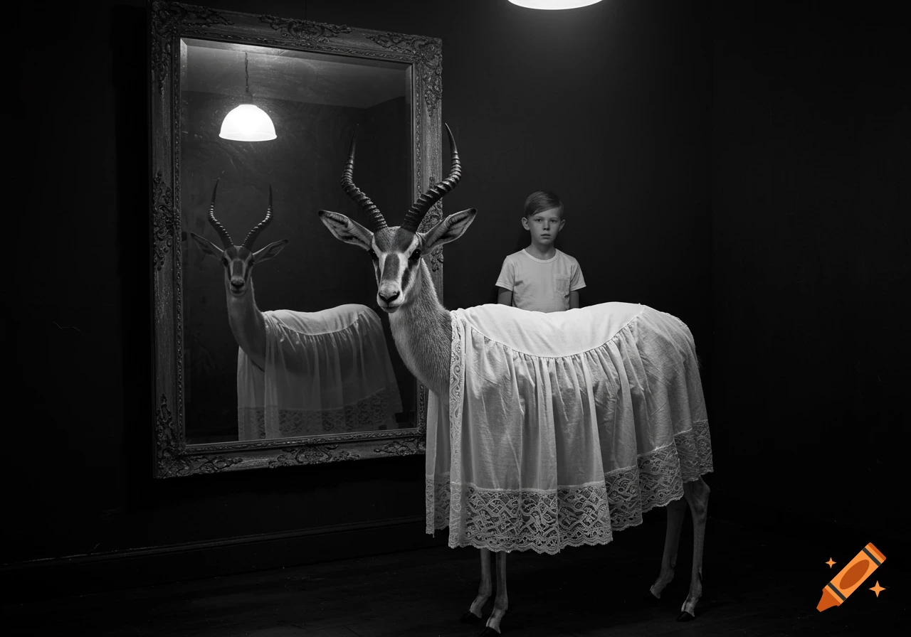 A surreal black and white photo of an antelope in a white dress looking in a mirror, a young boy stands in the background.