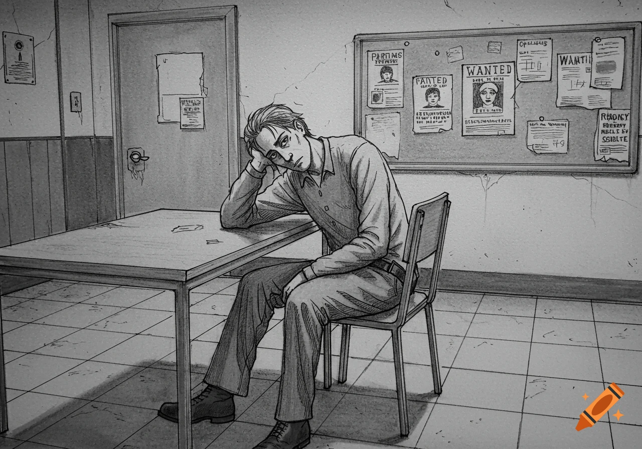 A monochrome sketch of a bored person sitting at a table in a police station with a bulletin board in the background.
