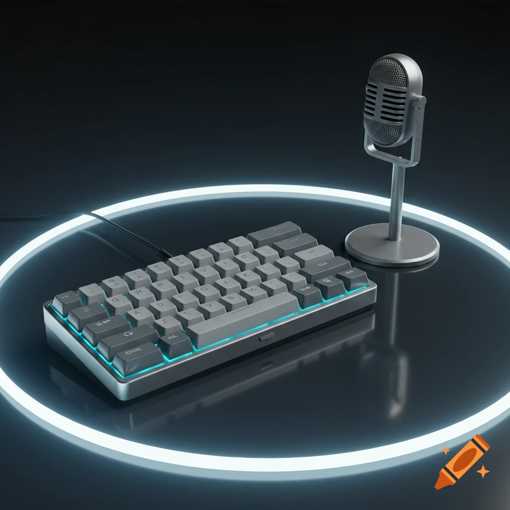 A grey mechanical keyboard with blue backlighting and a silver vintage-style microphone on a dark, reflective surface, encircled by a glowing neon-blue ring.