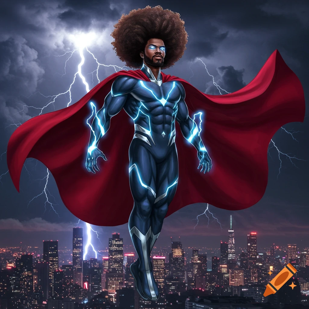 A powerful Black male superhero with a large afro, wearing a dark blue and silver suit with glowing blue lightning accents, and a flowing red cape, flies above a city at night during a lightning storm.