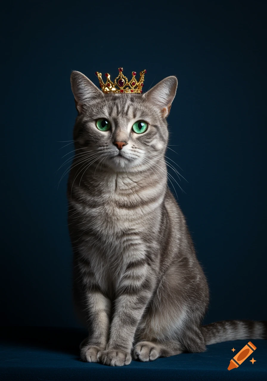 A photorealistic portrait of a gray tabby cat with bright green eyes, wearing a small gold and red jeweled crown, against a dark blue background.