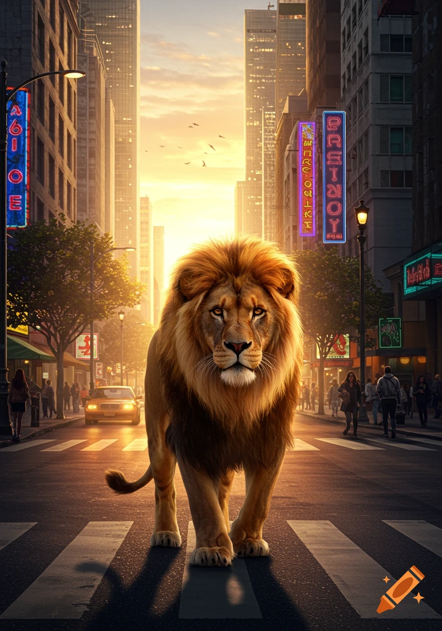 A majestic photorealistic lion walks on a crosswalk in a bustling city street during sunset, with neon signs on buildings.