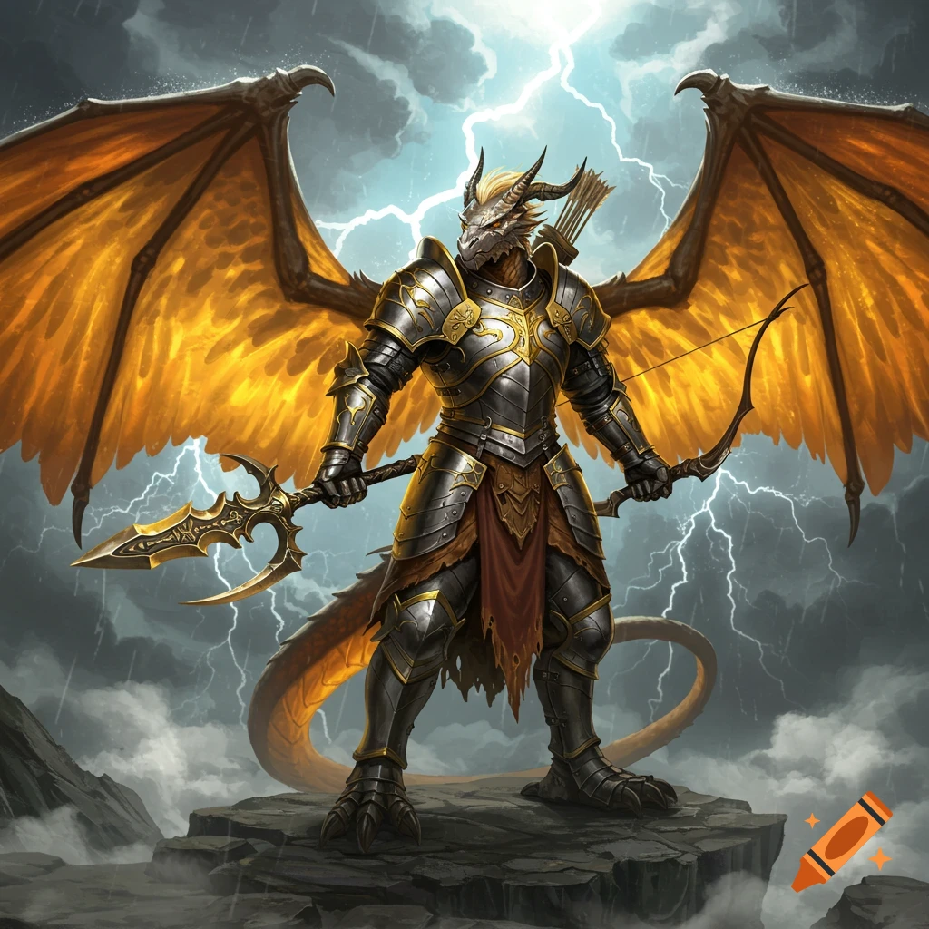 A winged dragonborn knight in intricate gold and silver armor stands on a cliff, holding a glaive and a bow under a stormy, lightning-filled sky.