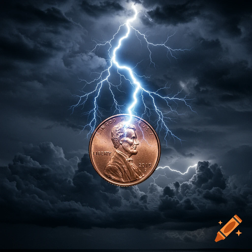 A photorealistic close-up of a U.S. penny being struck by a large lightning bolt against a dark, stormy sky.