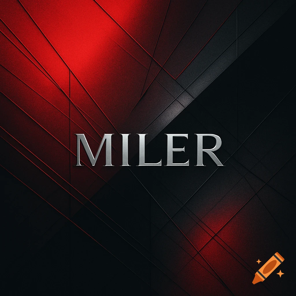 Silver 'MILER' text on a red and black geometric abstract background with metallic textures.