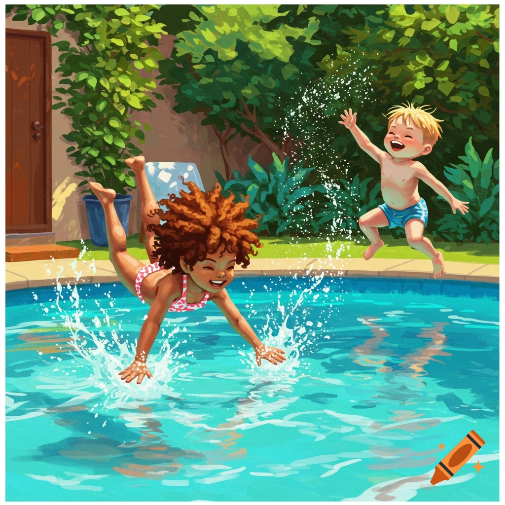 Two happy children playing in a sunny swimming pool, one jumping in with a large splash. Illustration.