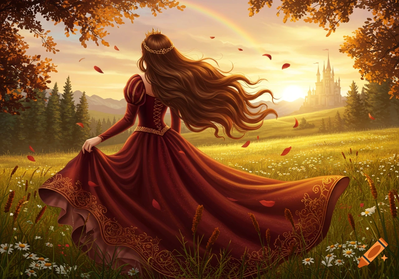 A princess in a red gown with long brown hair stands in a golden field, looking towards a castle and rainbow at sunset.